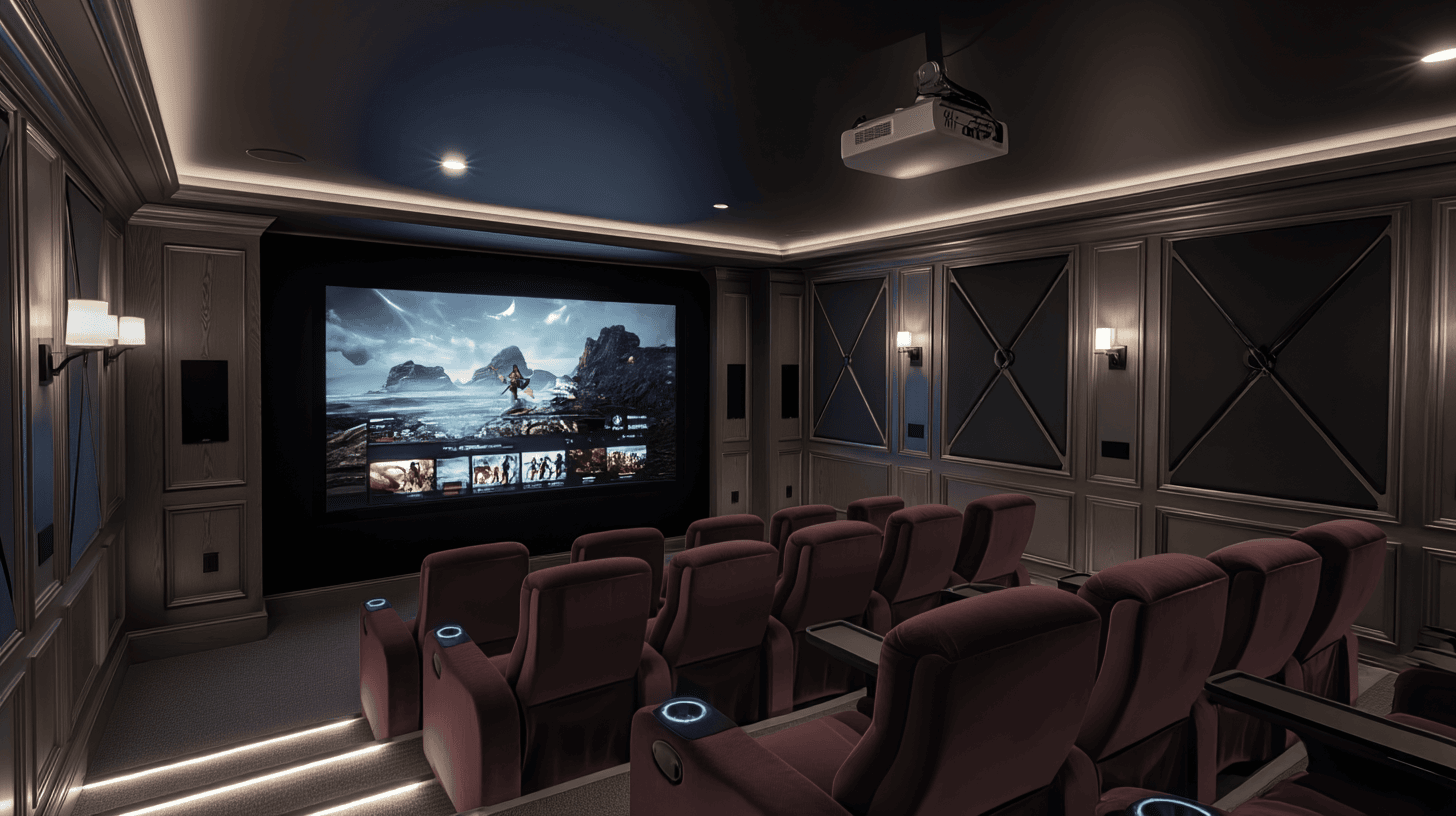 A luxurious home movie theater with plush reclining seats, a large projector screen, and surround sound speakers